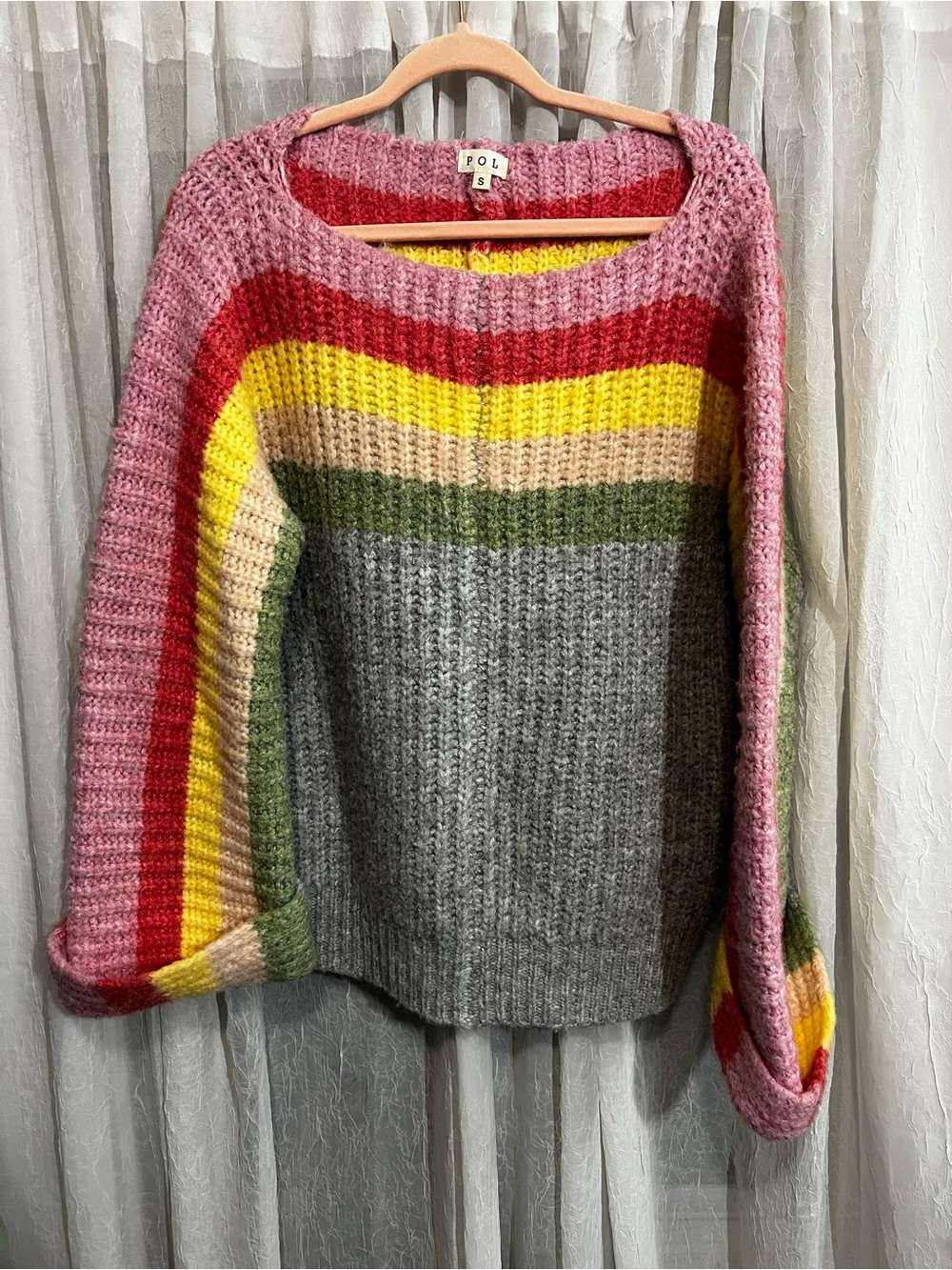 POL Multicolor Striped Crew Sweater - Pink, Red, Yellow & Gray